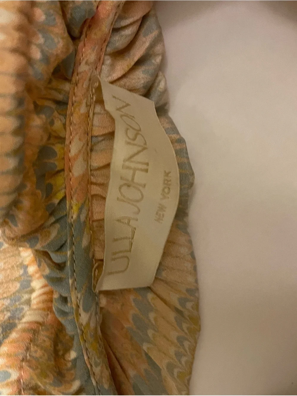 Ulla Johnson Corine Peach, Light Blue & Cream Wave-Print Ruffled Neck Blouse